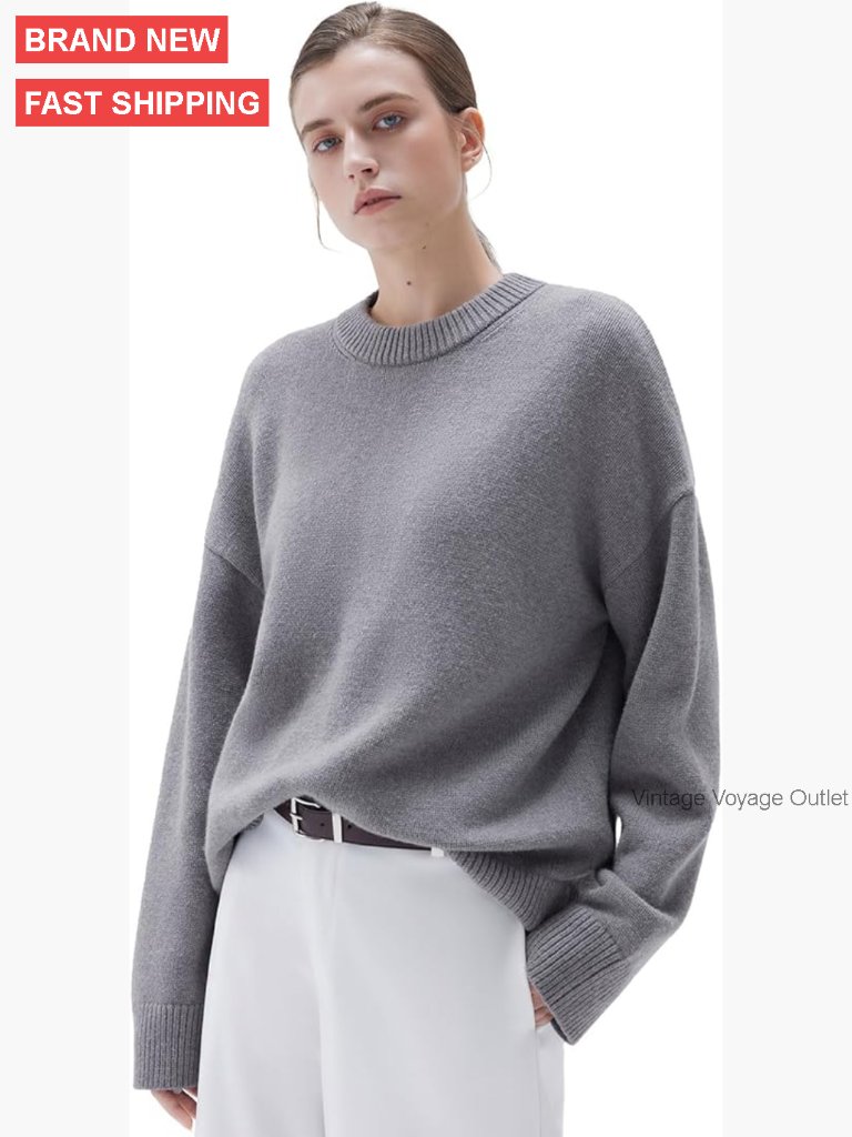 Oversized Cashmere Blend Pullover Sweater, Crew Neck, Long Sleeve
